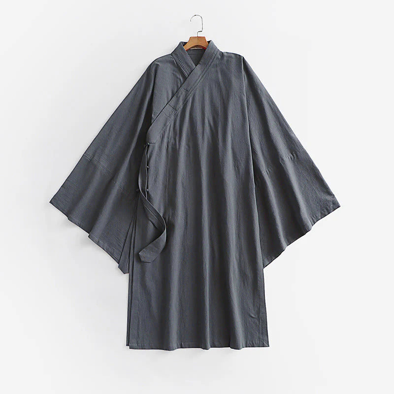 Buddha Stones 2Pcs Fall Solid Long Sleeve Men's Taoist Long Robe Lace-up Kimono Sleeveless Vest Qigong Ceremony Suit
