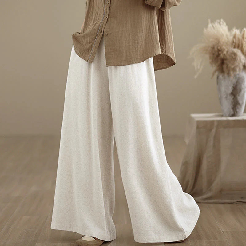 Buddha Stones Women's Pure Color Drawstring Cotton Linen Wide Leg Ankle-Length Pants With Pockets