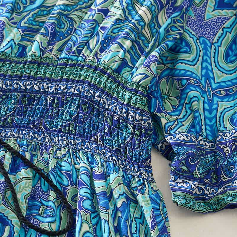Buddha Stones Summer Peacock Paisley Tie Waist Viscose Lantern Sleeves Maxi Dress
