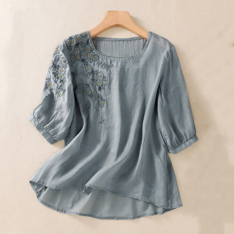 Buddha Stones Retro Embroidery Floral Pattern Short Sleeve Crew Neck Women's Shirt