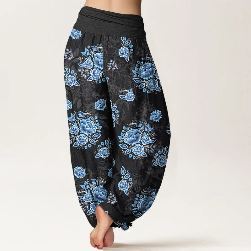 Buddha Stones Pure Cotton Blue Flower Pattern Women's Elastic Waist Harem Pants