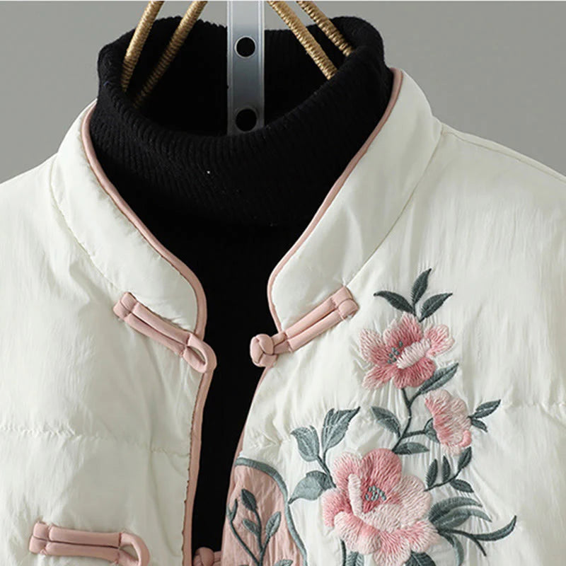 Buddha Stones Peach Blossom Embroidery Frog-Button Long Sleeve Thermal Women's Jacket With Pockets