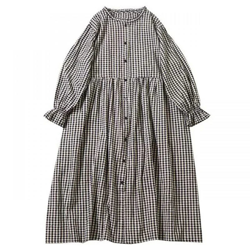 Buddha Stones Long Sleeve Plaid Simple Buttons Ruffled Design Midi Dress With Pockets