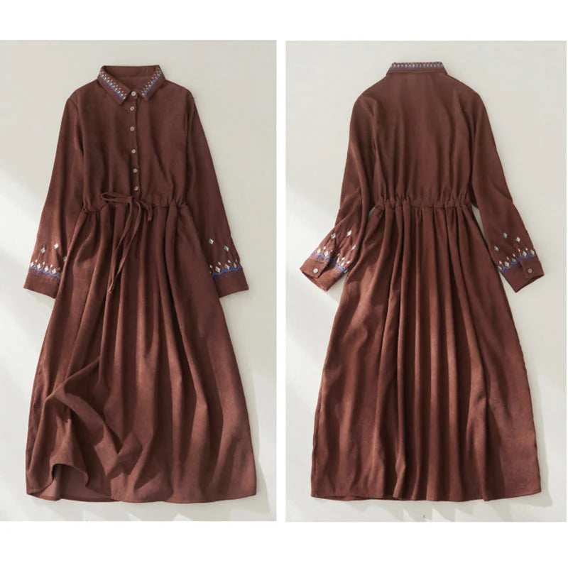 Buddha Stones Embroidered Floral Pattern Lace-up Design Long Sleeve Midi Dress With Pockets