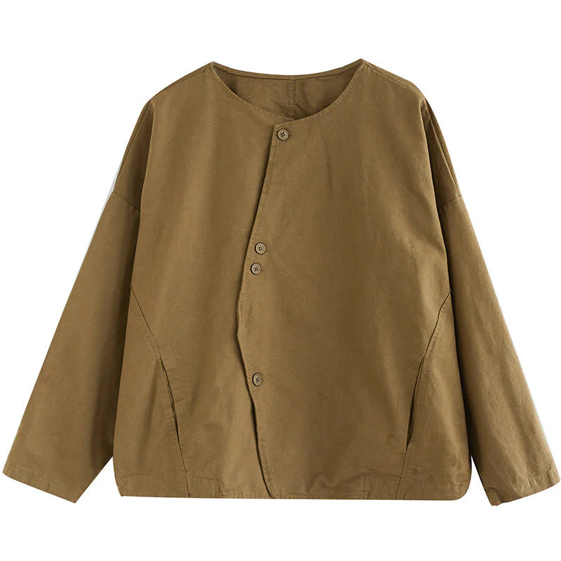 Buddha Stones Spring Plain Asymmetry Design Long Sleeve Women's Cotton Linen Jacket With Pockets