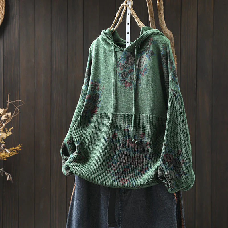 Buddha Stones Women's Knitted Floral Cotton Long Sleeve Hooded Sweater