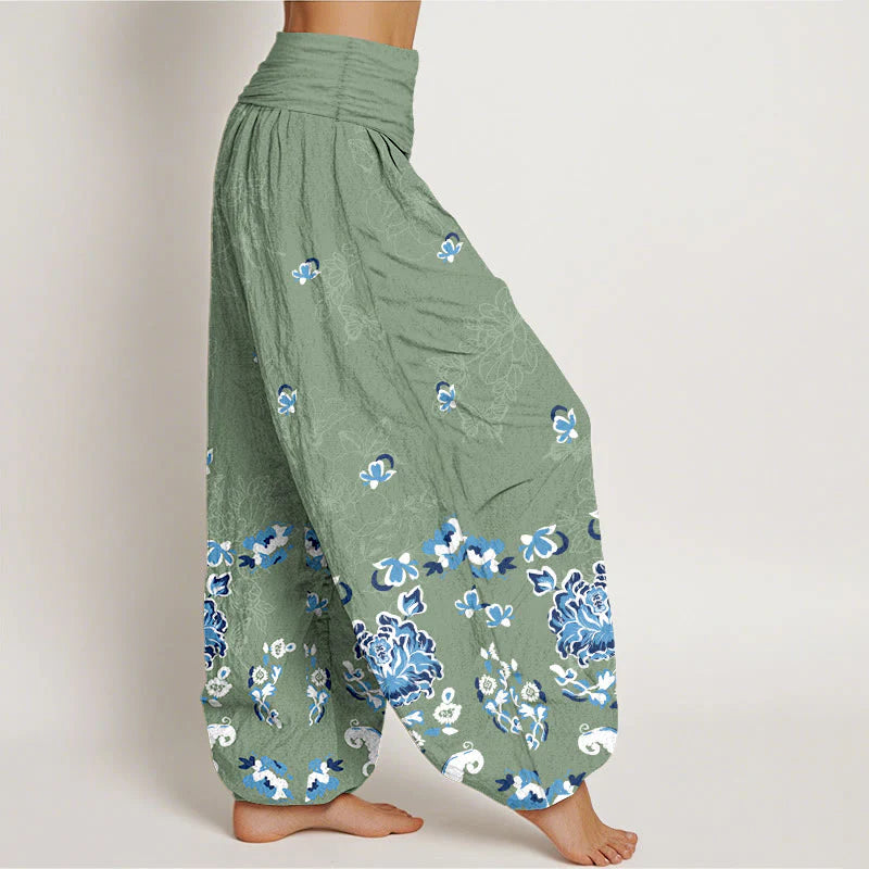 Buddha Stones Pure Cotton Elegant Classic Flower Butterfly Pattern Women's Elastic Waist Harem Pants