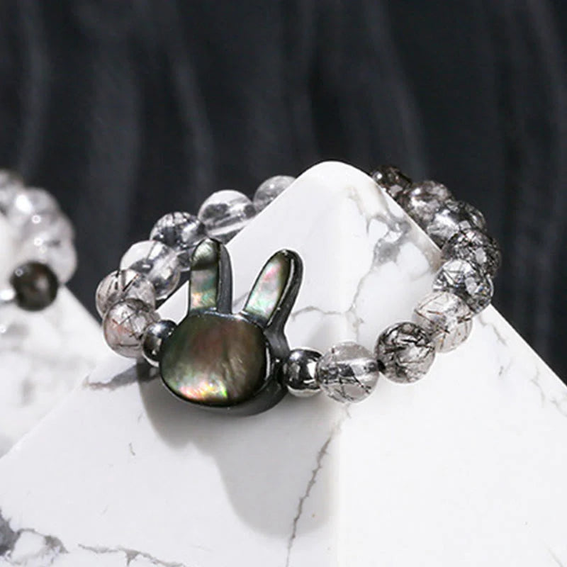 Buddha Stones 3mm Black Rutilated Quartz Tridacna Stone Rabbit Cat Ring