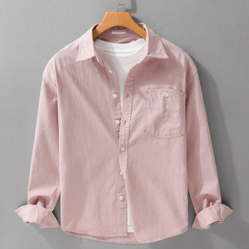 Buddha Stones Solid Buttons Down Decorative Pocket Men's Stand Collar Long Sleeve Cotton Shirt