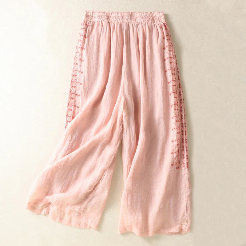 Buddha Stones Ethnic Embroidery Drawstring Cotton Linen Women's High Waist Wide Leg Pants With Pockets
