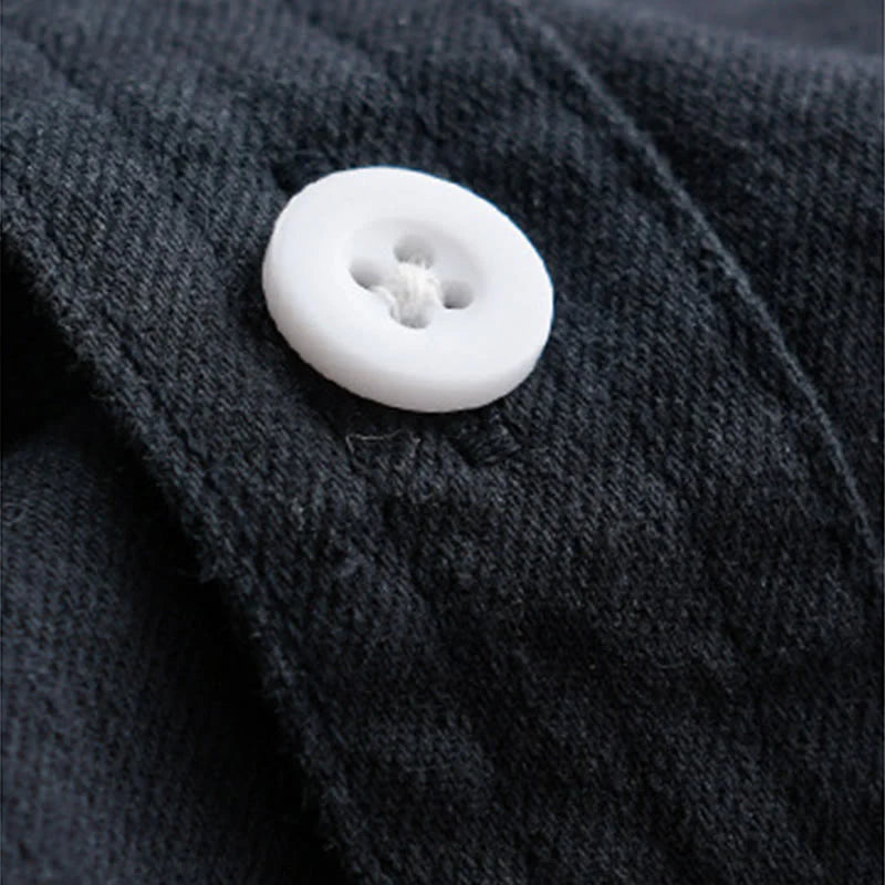 Buddha Stones Solid Buttons Down Decorative Pocket Men's Stand Collar Long Sleeve Cotton Shirt