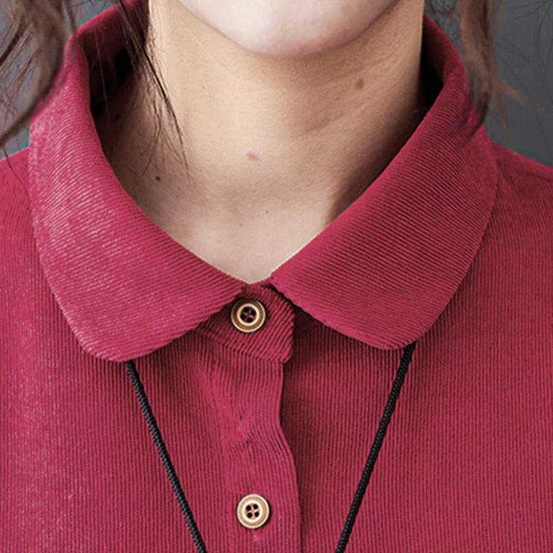 Buddha Stones Fall Buttons Design Long Sleeve Cotton Corduroy Midi Dress With Pockets