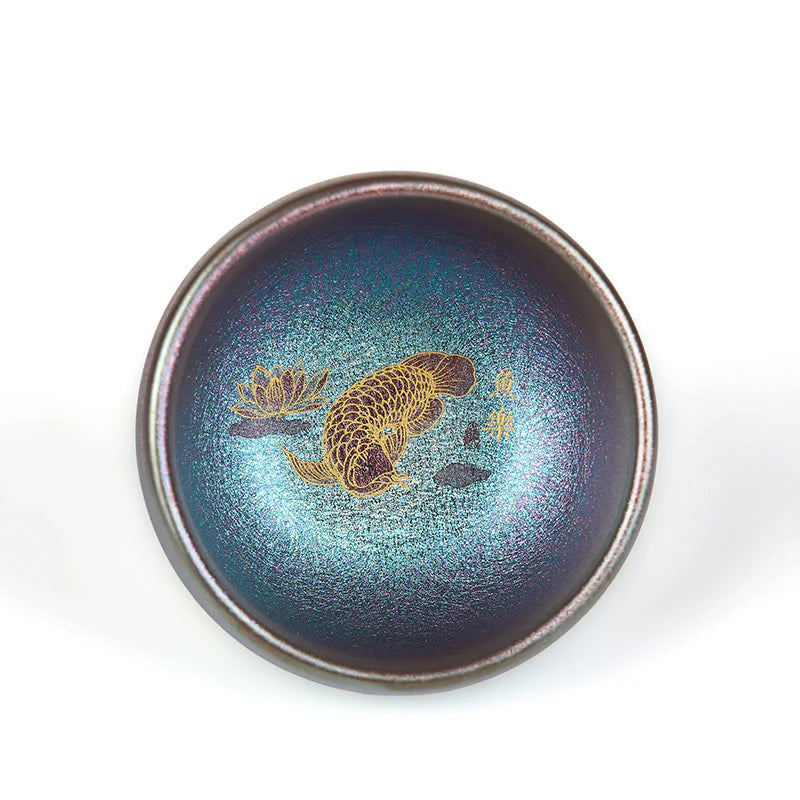 Buddha Stones Handmade Chinese Jianzhan Koi Fish Lotus Leaf Ceramic Teacup Kung Fu Tea Cup 150ml