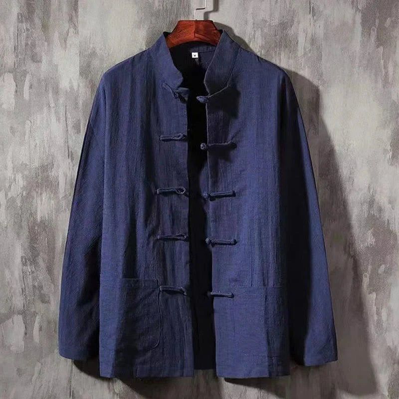 Buddha Stones Men's Tang Long Sleeve Shirt Frog Button With Pocket Stand Collar Comfort Shirt
