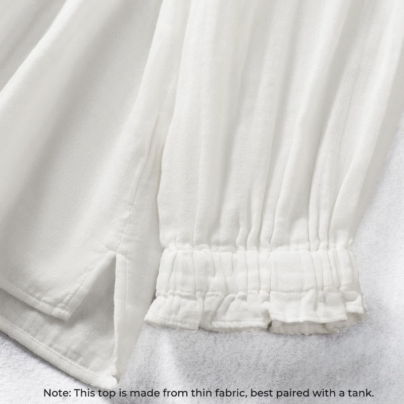 Buddha Stones White Ruffled Collar Long Sleeve Women's Cotton Shirt