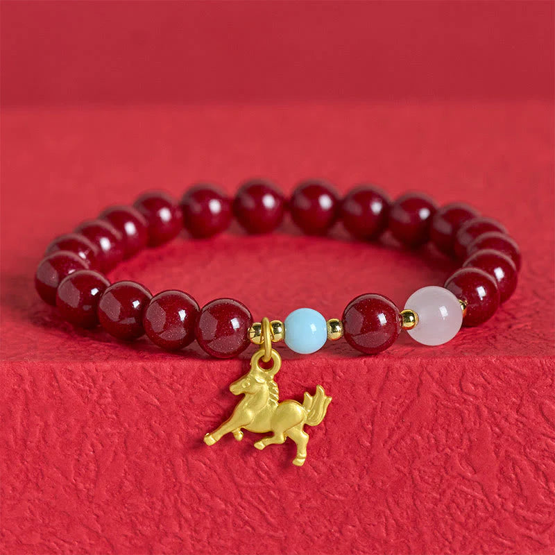 Buddha Stones Year of the Horse Running Horse Charm Cinnabar Blessing Bracelet