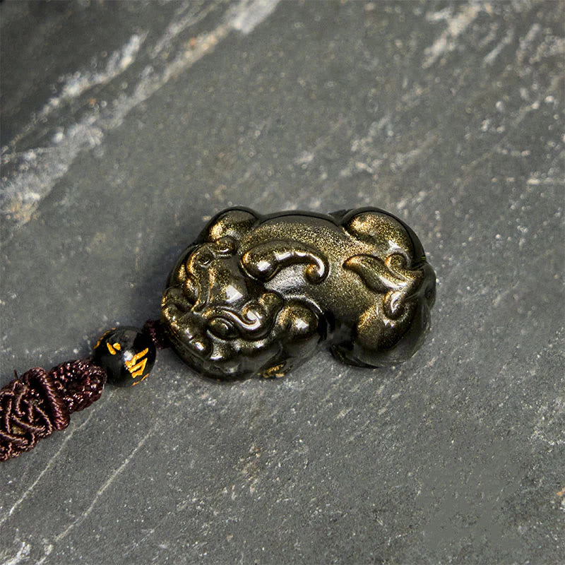 Buddha Stones Gold Sheen Obsidian PiXiu Wealth Rope Necklace Pendant