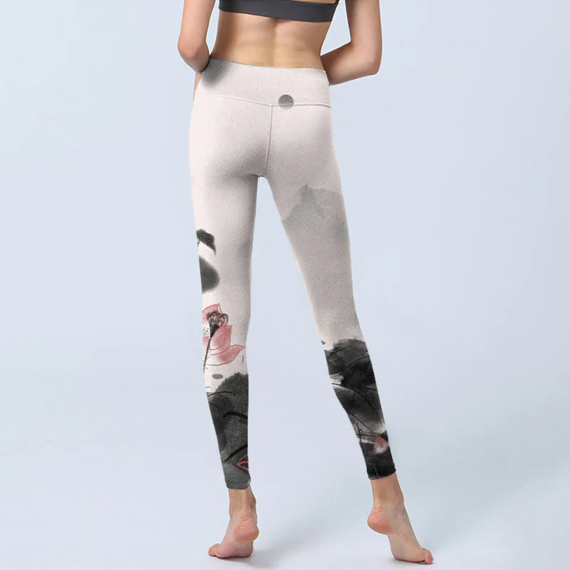 Buddha Stones Ink Painting Lotus Flower Leaf Print Gym Fitness Leggings Women's Yoga Pants