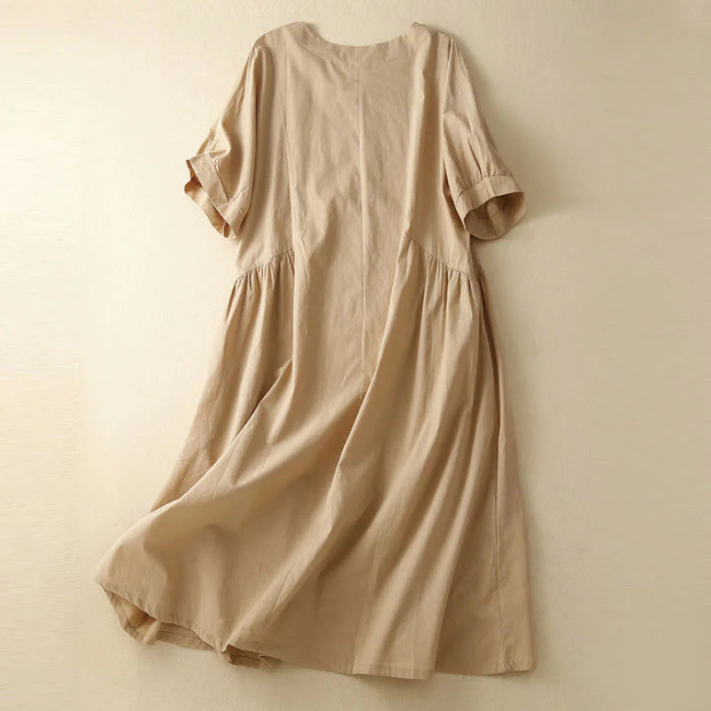 Buddha Stones Casual Pure Color Design Short Sleeve V-Neck Cotton Midi Dress With Pockets