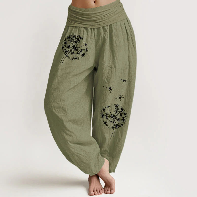 Buddha Stones Pure Cotton Concise Dandelion Pattern Women's Elastic Waist Harem Pants
