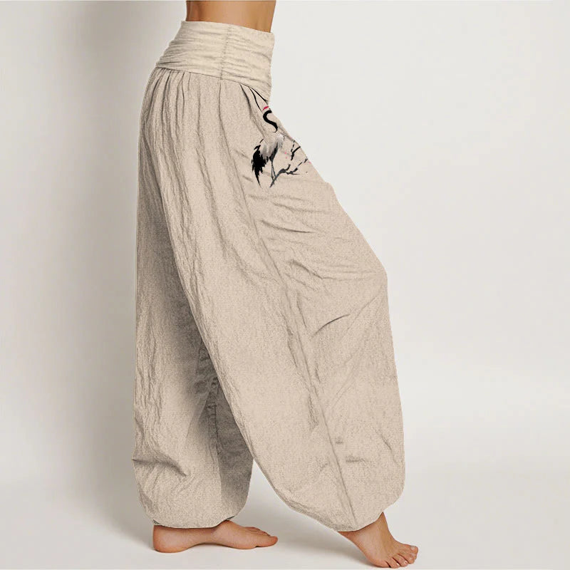 Buddha Stones Crane Blooming Branches Pattern Women's Elastic Waist Harem Pure Cotton Pants