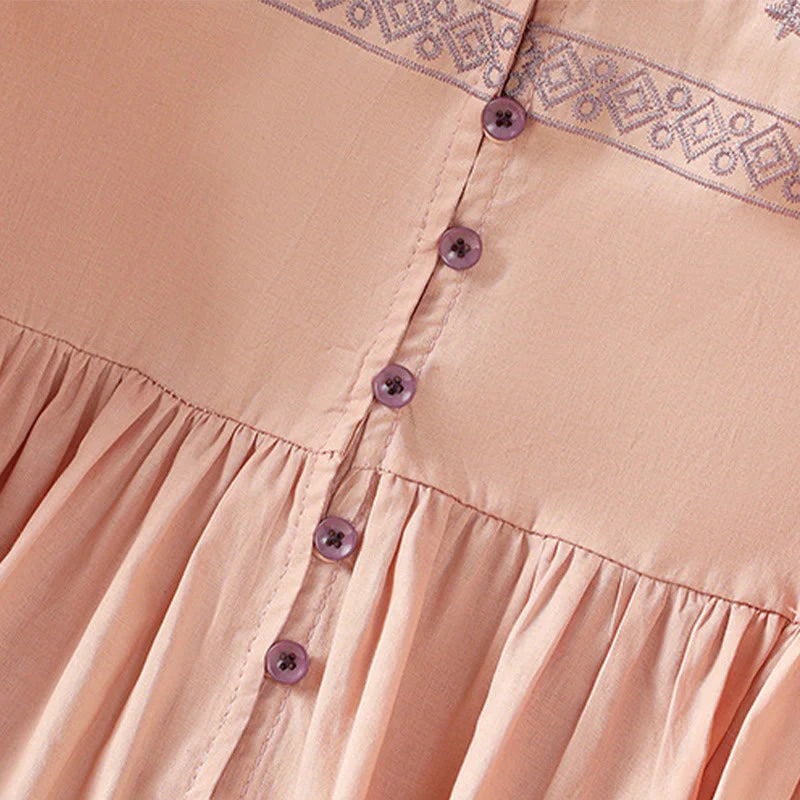 Buddha Stones Embroidery Pleated Buttons Long Lantern Sleeve Women's Cotton Shirt