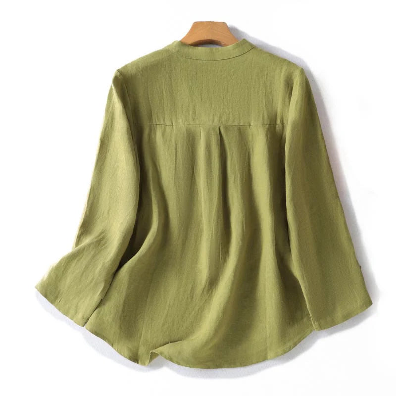 Buddha Stones Spring Dark Khaki Stand Collar Half Buttons Design Women's Long Sleeve Shirt