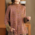 Buddha Stones Fall Printing Floral Long Sleeve Mock Neck Women's Knitted Cotton Sweater