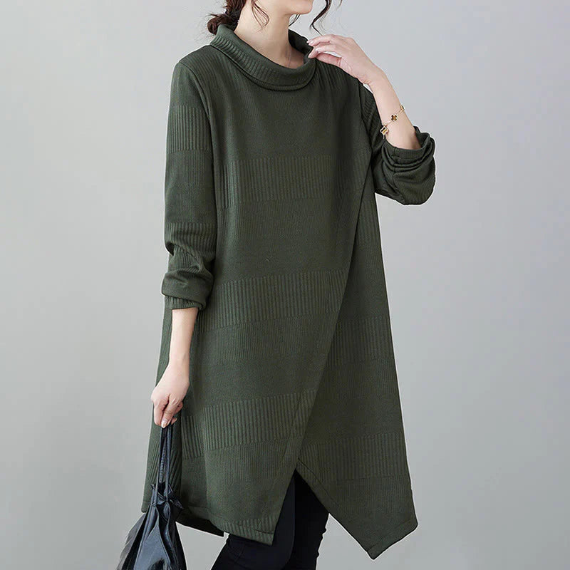 Buddha Stones Winter Irregular Hem Design Mock Neck Long Sleeve Midi Dress With Pockets