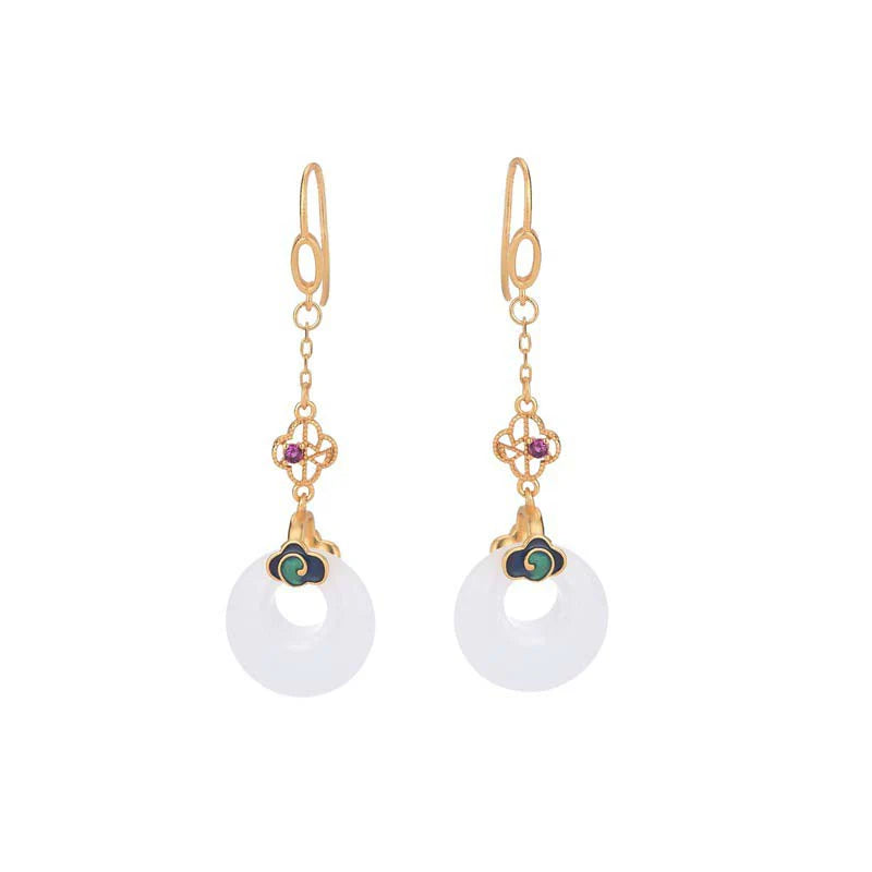Buddha Stones FengShui White Jade Blessing Drop Earrings