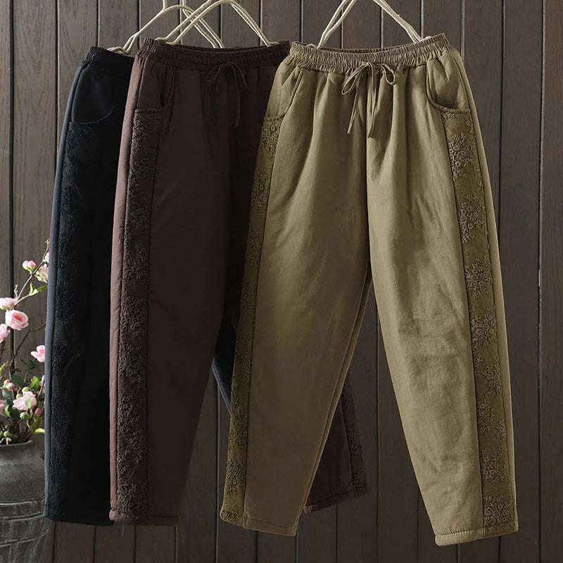 Buddha Stones Flower Pattern Cotton Polyester Embroidery Thick Women's Pants With Pockets