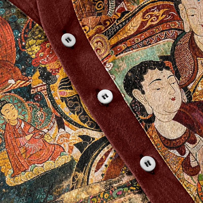 Buddha Stones Cotton Portrait Print Men's Short Sleeve Half Button Shirt