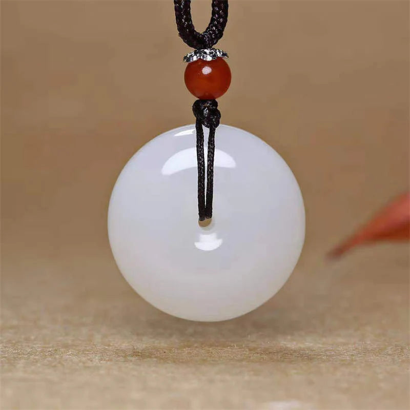 Buddha Stones Round Hetian White Jade Peace Buckle Blessing Necklace Pendant (Extra 30% Off | USE CODE: FS30)