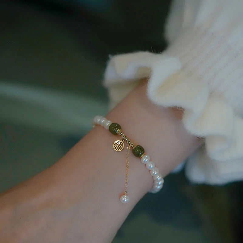 Buddha Stones Natural Pearl Hetian Jade Happiness Wisdom Bead Bracelet