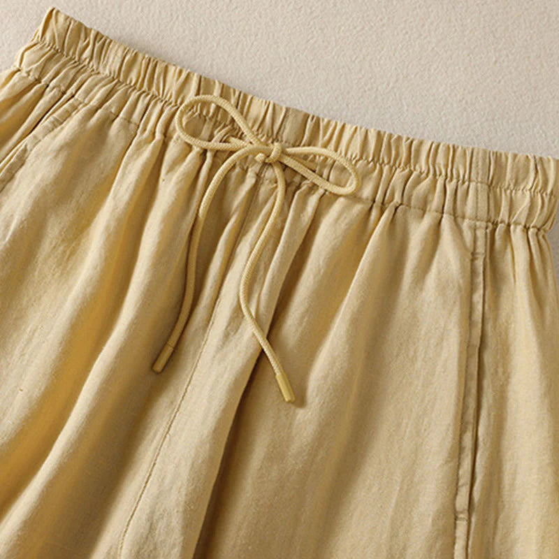 Buddha Stones Commute Plain Design Drawstring Cotton Linen Women's Wide Leg Pants With Pockets
