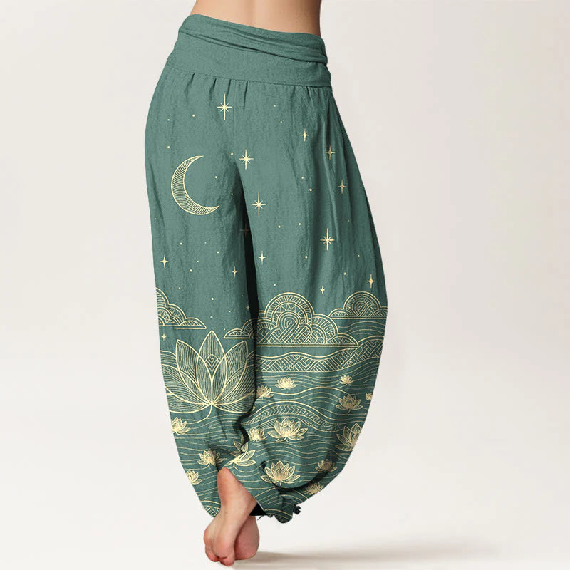 Buddha Stones Pure Cotton Elegant Moon Star Cloud Lotus Flower Water Ripple Pattern Women's Elastic Waist Harem Pants