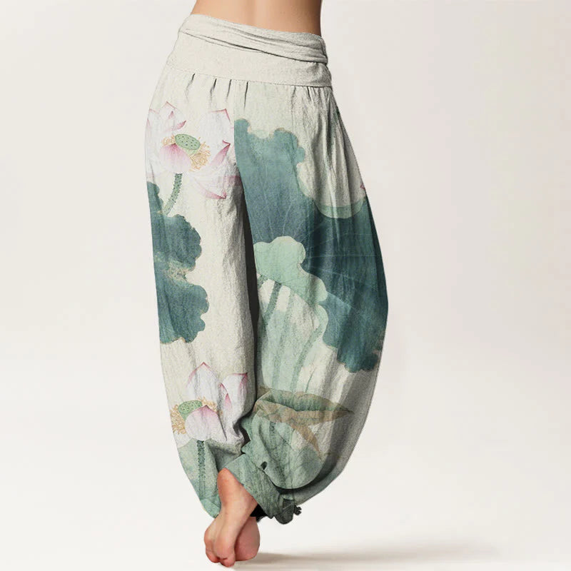 Buddha Stones Cotton Casual Lotus Petal Pods Pattern Women's Elastic Waist Harem Pants