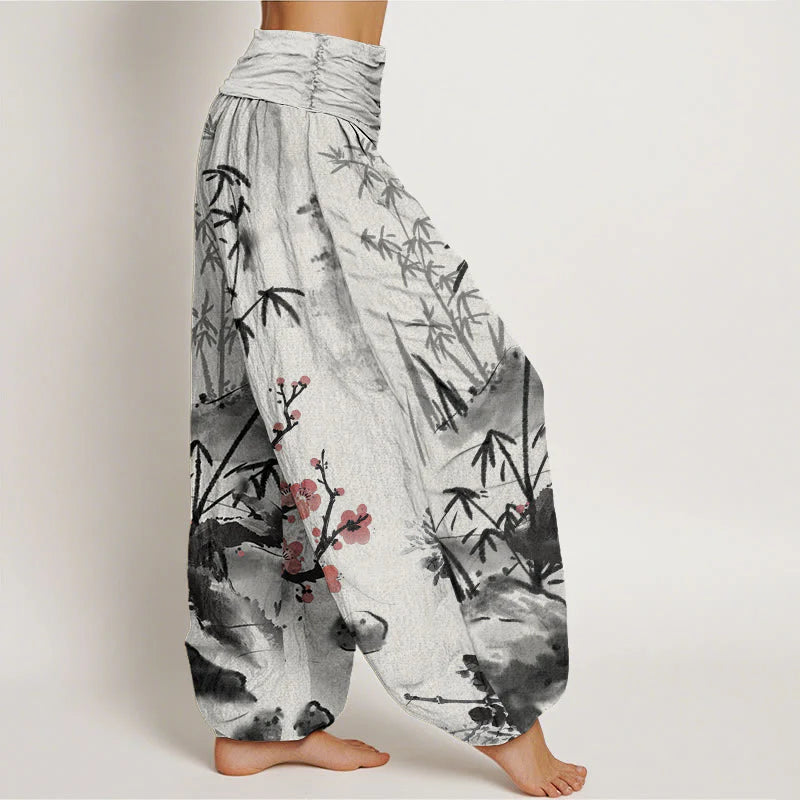Buddha Stones Cotton Plum Blossoms Bamboo Orchids Chrysanthemums Pattern Women's Elastic Waist Harem Pants