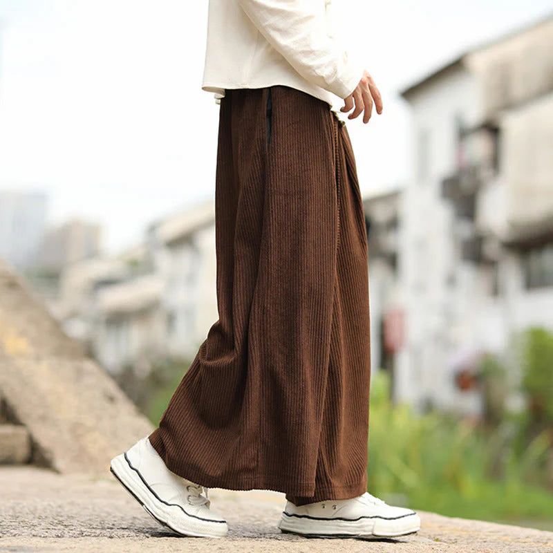Buddha Stones Fall Solid Color Drawstring Design Men's Corduroy Wide Leg Pants With Pockets
