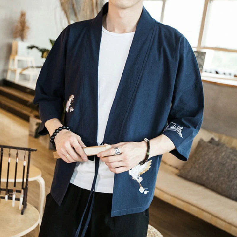 Buddha Stones Embroidery Open Front Jacket Cotton Linen Men's Three Quarter Sleeve Kimono