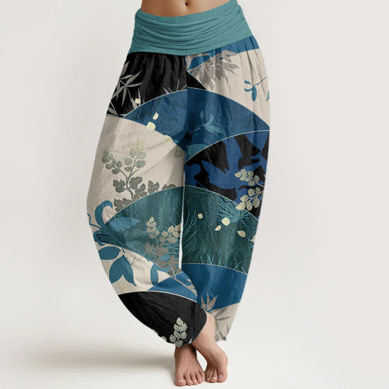 Buddha Stones Cotton Semicircle Leaves Pattern Women's Elastic Waist Harem Pants