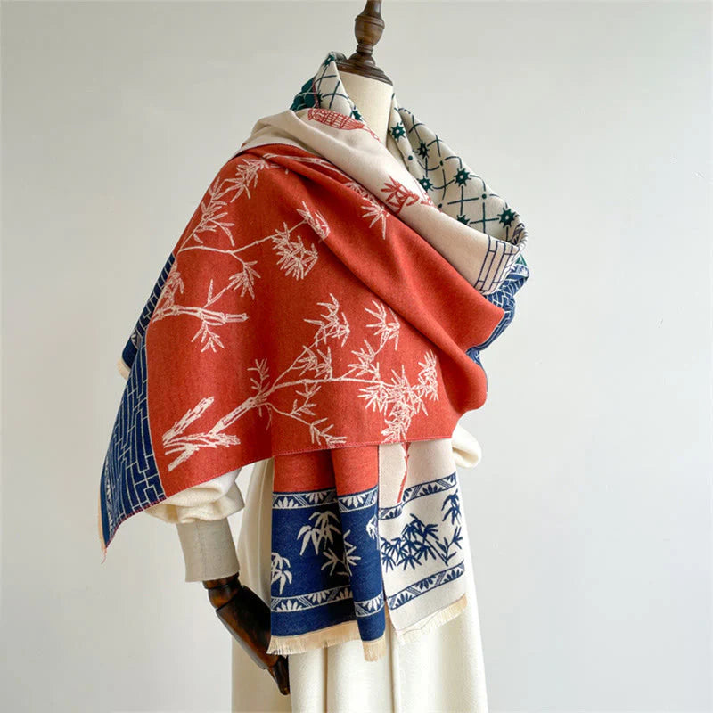 Buddha Stones Winter Bamboo Leaf Little Bird Pattern Cozy Scarf Shawl