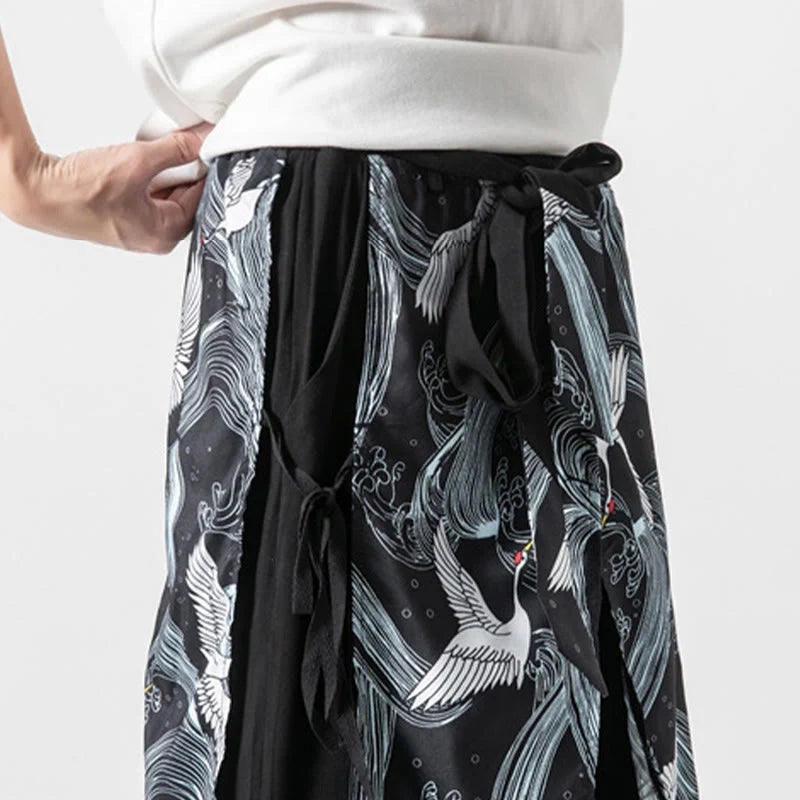 Buddha Stones Summer Flying Crane Design Cotton Men's Wide Leg Pants With Pockets