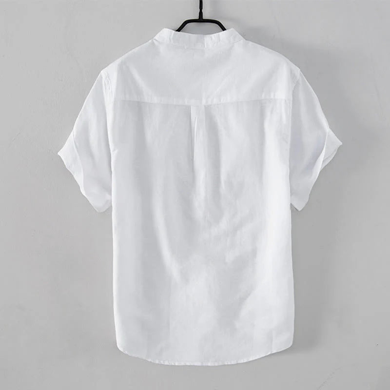 Buddha Stones Casual Daily Simple Buttons Design Stand Collar Men's Short Sleeve Cotton Linen Shirt With Front Pockets