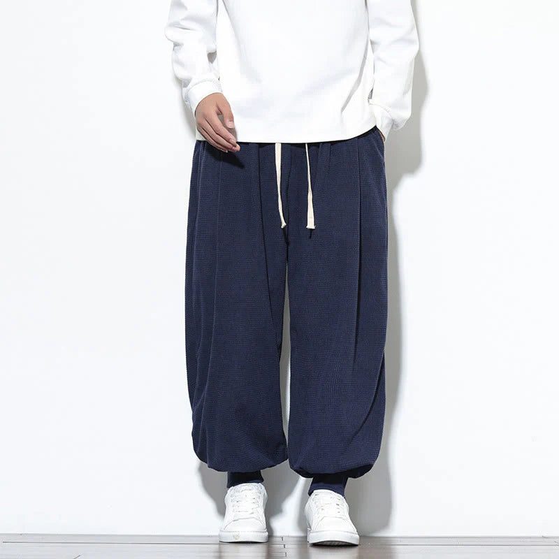 Buddha Stones Fall Plain Drawstring Simple Design Men's Harem Cotton Corduroy Pants With Pockets