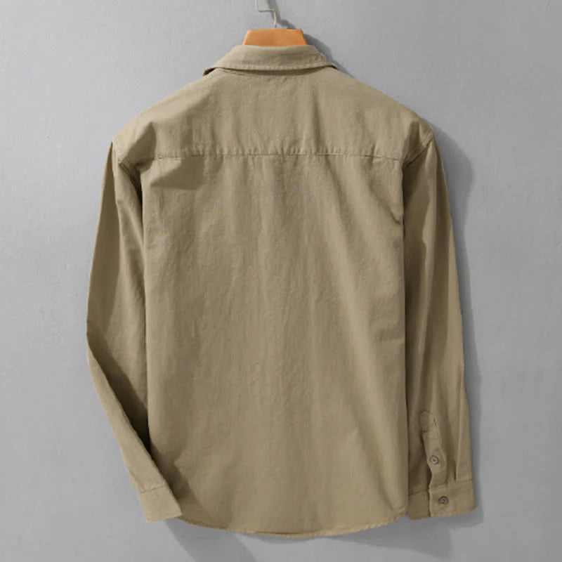 Buddha Stones Casual Solid Buttons Down Decorative Pocket Men's Stand Collar Long Sleeve Cotton Shirt