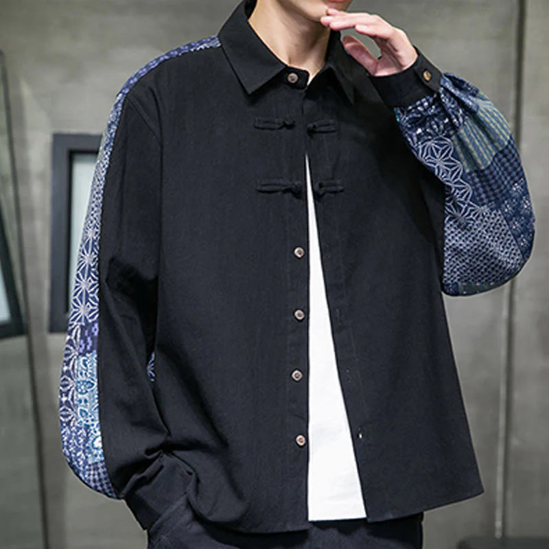 Buddha Stones Men's Flower Pattern Stitching Cotton Blend Long Sleeve Shirt