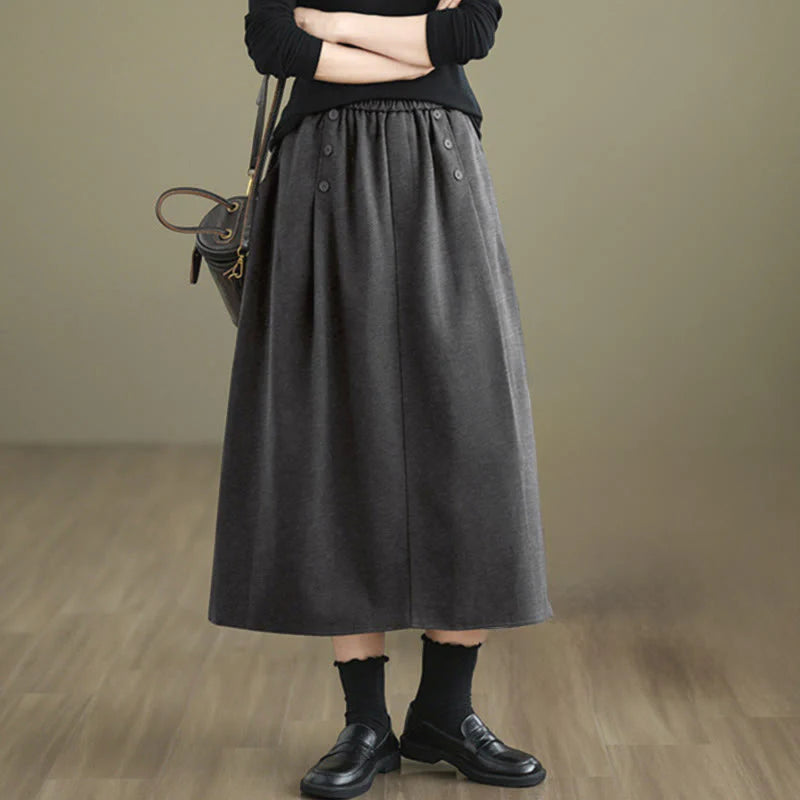 Buddha Stones Women's Winter Pure Color Cotton 7-8 Length Elastic Waistband Skirt With Pockets
