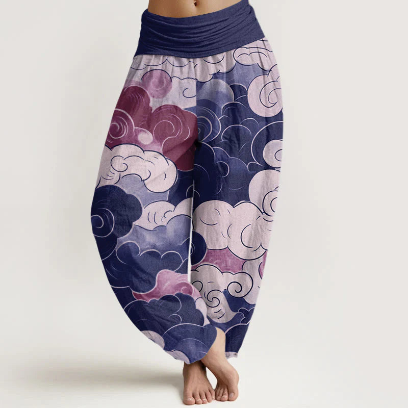 Buddha Stones Cotton Casual Auspicious Clouds Pattern Women's Elastic Waist Harem Pants