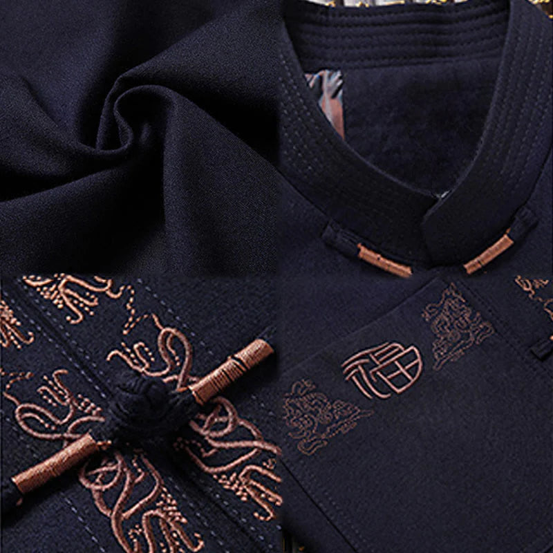 Buddha Stones Fu Character Embroidery Tang Suit Frog-Button Men's Long Sleeve Jacket Shirt Pants